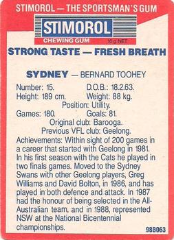1990 AFL Scanlens Stimorol #83 Bernard Toohey Back